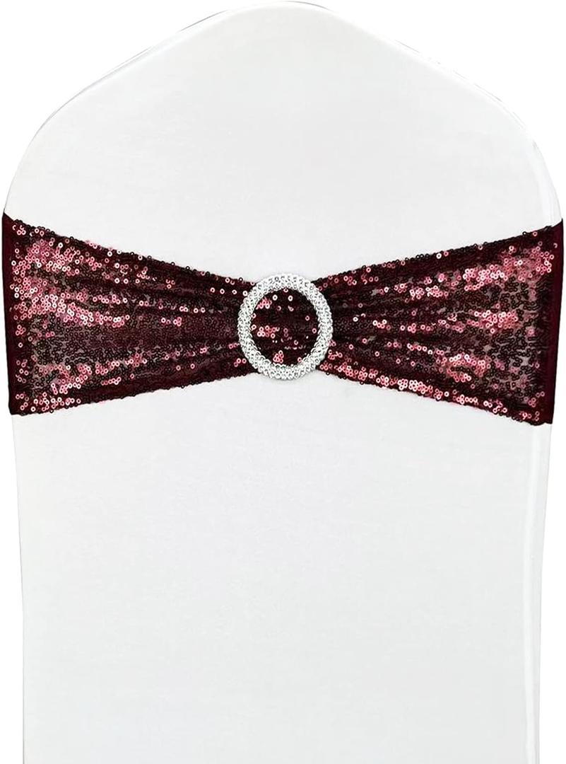 Chair Sashes Sequin Stretch Chair Bands Spandex Polyester Bows for Party Hotel Wedding Banquets Decoration - 6 Pcs Burgundy