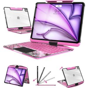Transparent Keyboard Case for iPad Air 11 inch(M3 2025/M2 2024) & iPad Pro 11 inch(1st/2nd/3rd/4th) & 10.9 inch iPad Air 4/5th Gen, 7-Color Backlit Keyboard with Trackpad and 360Rotating, Pink