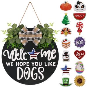Interchangeable Wooden Seasonal Welcome Sign, Rustic Round Dogs Sign Front Door Wreaths for Home/Wall/Porch Decor, for Easter Spring Summer Fall Halloween Christmas All Season Decorations (Black)