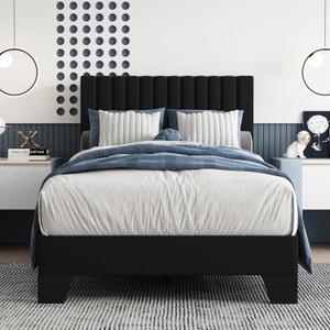Twin Size Bed Frame, Velvet Upholstered Platform Bed with Adjustable Tufted Headboard, Sturdy Frame and Slats, Noiseless, No Box Spring Required, Easy to Assemble, Black