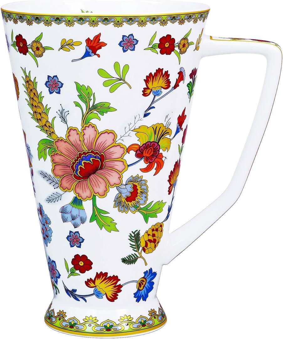 Bone China Coffee Mug Tall Coffee Cup - 17 oz Floral Tea Mug - Dishwasher and Microwave Safe Mug Floral Coffee Tea Cup Gifts for Women Mom Birthday Christmas (Red)