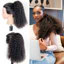 Kinky Curly Ponytail Extension Drawstring Human Hair Clip In Brazilian Virgin Human Hair Ponytails For Black Women Curly Wave Hair Pieces Natural Black 16 Inch