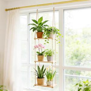Leafory 3 Tier Window Plant Shelves, Hanging Wood Floating Shelves for Living Room Bedroom Small Windows, Space-Saving Window Sill Shelf Indoor for Succulents, Herbs