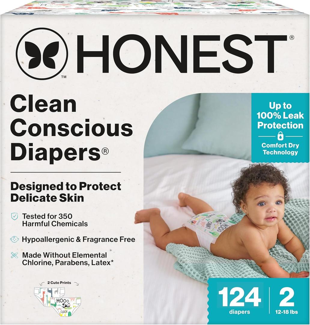 The Honest Company Clean Conscious Diapers for Sensitive Skin | Hypoallergenic, Fragrance Free | Gender Neutral Prints | Super Club Box, Size 2 (12-18 lbs), 124 Count (Size 2 (124 Count), Multi-colored Giraffes + Barnyard Babies)