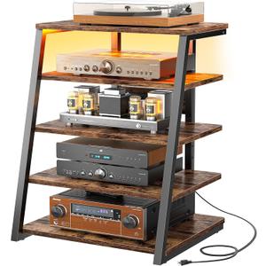 Armocity 5-Tier AV Media Stand with Power Strips, Media Console with LED Lights, Audio Tower Rack with Adjustable Shelves, Stereo Stands and Racks, 40.8'', Rustic Brown