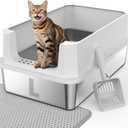 FURTIME Stainless Steel Litter Box with Lid, Large Metal Cat Litter Box for Big Cat, Large Cat Box High Sided with Non-Stick, Odor-Resistant, Anti-Urine Leakage, Easy Cleaning, Includes Scoop and Mat (Silver)