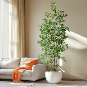 Artificial Ficus Tree Indoor 7ft, Large Potted Faux Tree with Realistic Silk Leaves & Trunk for Home Office, Living Room Corner Decor (White Green)