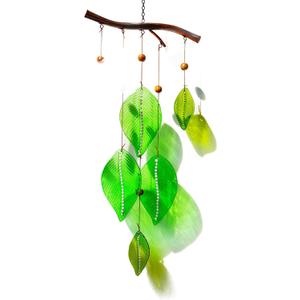 Glass Wind Chimes for Outside,Unique Handmade Windchimes Outdoors with Stained Glass Leaves for Home Window Garden Yard Patio Decor,Green 20"