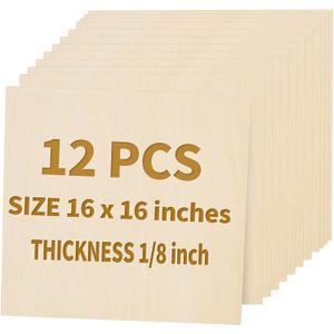 12 Pack Basswood Sheets for Crafts - 16 x 16 x 1/8 Inch - 3mm Thick Large Plywood Sheets Unfinished Bass Wood Boards for Laser Cutting, Wood Burning, Architectural Models, Staining
