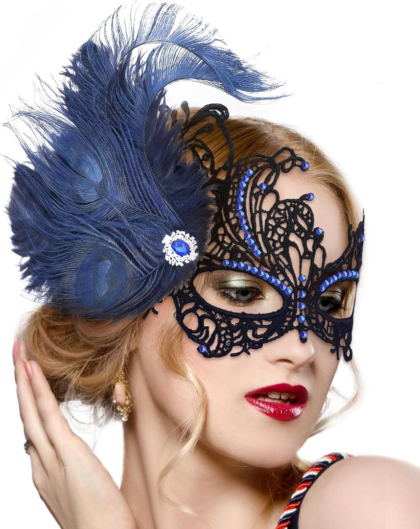 Feather Masquerade Mask for Women - Halloween Lace Eyemask with Removable Peacock Feathers, Venetian Party Masks (Blue)