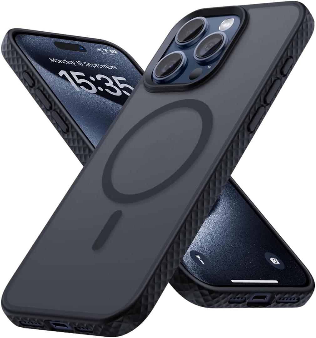 3 x Lamicall Magnetic Case for iPhone 15 Pro Max, for Magsafe - [Diamond Textured Anti-Slip Edge] [Military Grade Shockproof Protection] Translucent Hard Slim Magnet Protective Cover (Black)