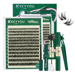 KEYYOU Flaunt Lash Clusters Kit Flora D Curl Natural Lashes 144pcs Lash Extension Kit 8-18mix Lash Clusters Fluffy Lashes with Ultra-Thin Soft Band with Remover Waterproof Bond and Seal(F01 Kit)