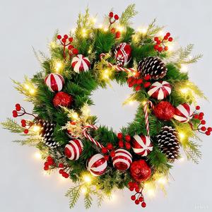 Christmas Wreaths for Front Door, 20" Artificial Winter Wreaths for Indoor Outdoor Decor, Light up Christmas Decorations Door Wreath with Red Candy Cane Berry Flowers Ball Pine Cones for Xmas
