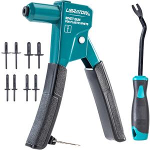 LIBRATON Plastic Rivet Gun Kit, 90 Degree Angle Hand Riveter with 40 Nylon Rivets (4 Sizes), Universal Nosepiece for Automotive/Electronics, Ergonomic & 50% Lighter Force
