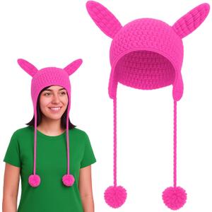 Pink Bunny Ears Beret Hat Halloween Rabbits Cartoon Style Fleece Hats with Floppy Pink Standing Ears Knitted Costume Cap for Halloween Costume Party Accessory