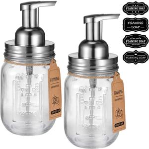 Amolliar Mason Jar Foaming Soap Dispenser, Plastic Soap Pump, Refillable Hand Soap Dispenser for Kitchen, Cute Farmhouse Decor, Dish Soap, Shampoo, Bathroom Soap Accessories, Brushed Nickel 2 Pack