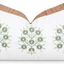 Hofdeco Premium Coastal Patio Indoor Outdoor Lumbar Pillow Cover Only, 12"x20" Water Repellent for Backyard, Couch, Green Embroidered Floral with Fringe