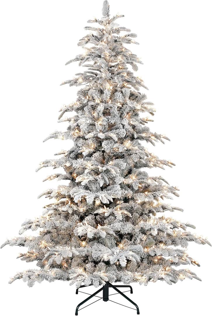 Puleo International 7.5ft Pre-Lit Flocked Aspen Fir Christmas Tree with 700 Clear Lights, 1319 Realistic Dense Snow Flocked Branch Tips, Easy Setup Artificial Trees with Sturdy Metal Stand