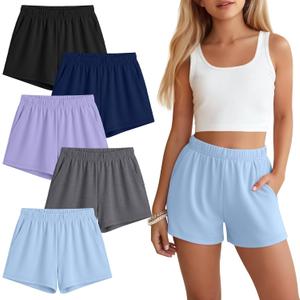 5 Pack Girls Shorts Athletic Casual Summer Teens Elastic Waist Tween SweatShorts with Pockets for Kids (9-10 Years, Blue, Heather Gray, Purple, Navy Blue, Black)