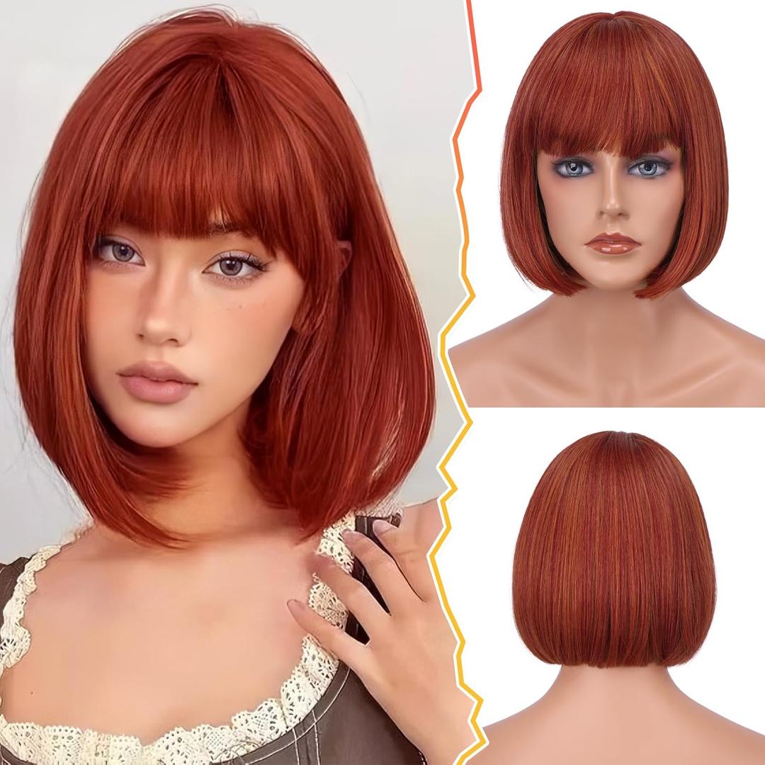 BARSDAR Short Bob Wig With Bangs - 12 Inch Short Copper Auburn Bob Wigs for Women - Natural Looking Soft Synthetic Hair Replacement Wigs Cosplay Halloween Party Wig- Copper Auburn