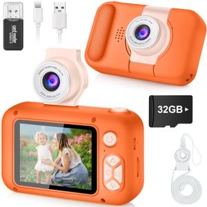 ARNSSIEN Kids Camera for Toddlers with 180° Flip Lens, 2.4 Inch IPS Screen Toddler Digital Camera for Kids 3-12, 32GB Card Included, Birthday Present for Girls & Boys - X101(Orange)