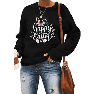 Ykomow Happy Easter Sweatshirt Women Long Sleeve Cute Bunny Rabbit Graphic Tees Pullover (X-Large, Black)