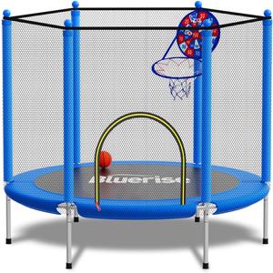 BLUERISE 55IN 6FT Toddler Trampoline for Kids Indoor Outdoor Play for Kids Trampoline Basketball Hoop Attachment with Enclosure Net Easy to Assemble