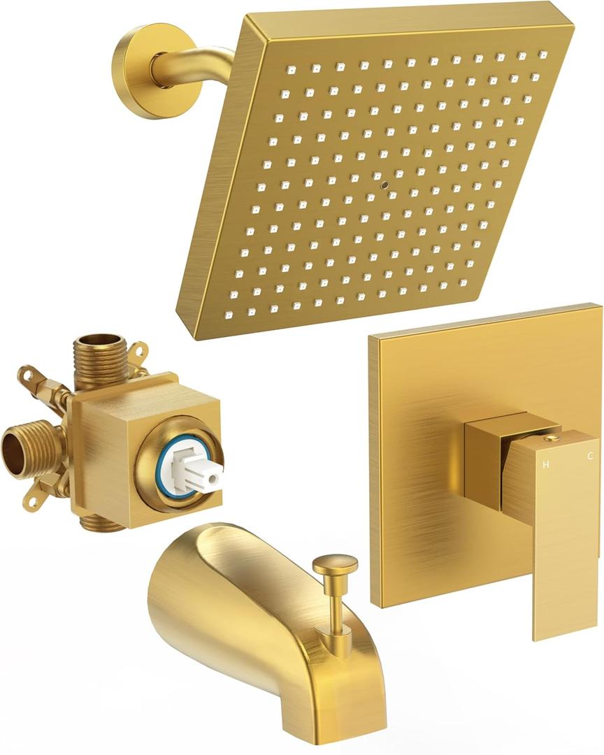 Brushed Gold Tub Shower Faucet Set With Valve, 8-Inch Square Gold Shower Head and Tub Faucet Set, Shower Faucet Set With Rain shower Head and Tub Spout, High-Pressure Tub Shower Trim Kit