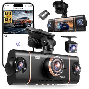 4 Channel Dash Cam 360° View Front Rear Inside & Left Right,4K+1080P*3 FHD Car Camera,5G WiFi & APP Control,8 IR Lamps Night Vision, G-Sensor, 24H Parking Mode, with a Free 64GB SD Card