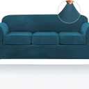 PrinceDeco Velvet Couch Covers for Sofa Soft 4 Pieces Couch Covers for 3 Cushion Couch Sofa Pet Friendly Furniture Protector with Non Slip Elastic Bottom Width Up to 90 Inch(Large, Deep Teal)