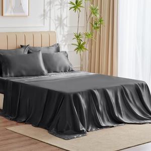 CozyLux Satin Sheets Full Size - 6 Piece Dark Grey Bed Sheet Set with Silky Microfiber, 1 Deep Pocket Fitted Sheet, 1 Flat Sheet, and 4 Pillowcases - Smooth and Soft