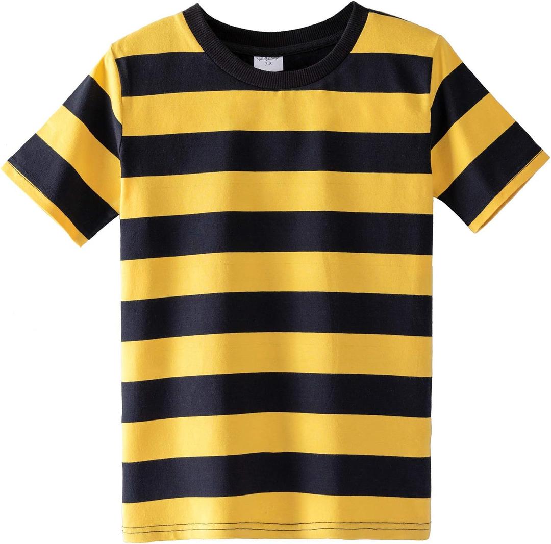 Spring&Gege Boys Short Sleeve Striped Cotton Crew Neck T-Shirt (7-8 Years, Black and Yellow Stripe)