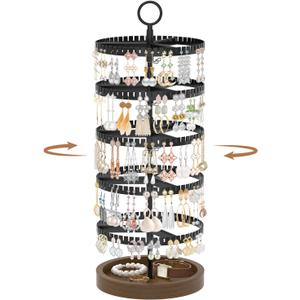 iDavosic.ly 5 Tier Rotating Earring Holder Organizer with Wooden Tray, Large Dangle Display Stands Tree with 285 Plastic Grooves, Adjustable Hoop Storage Rack, Space Saving Tower, Black & Brown