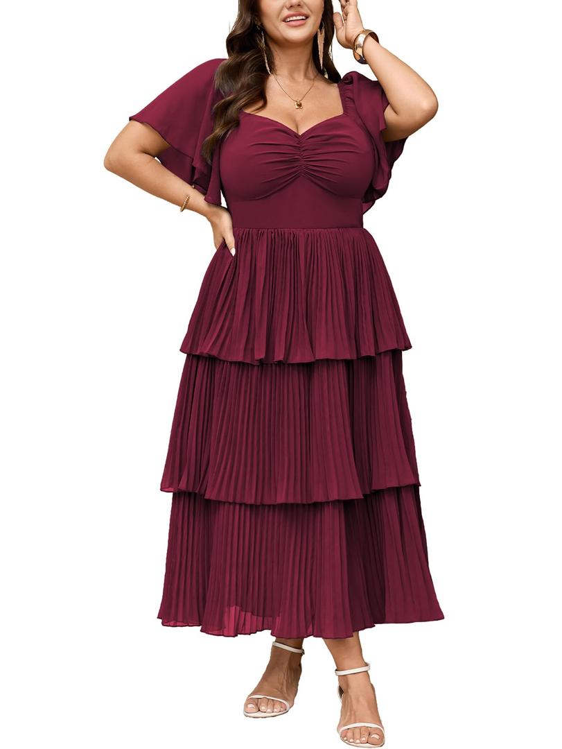 SCOMCHIC Women's Plus Size Formal Wedding Guest Evening Party Dress | Short Sleeve Pleated Tiered Chiffon Bridesmaid Dresses Size 2XL