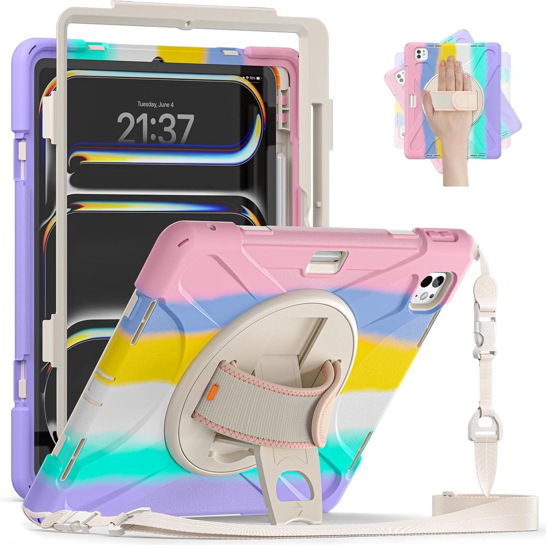 Case for iPad Pro 13-inch 2025 M5 2024 M4 Chip Heavy Duty Rugged Durability Silicone Tablet Cover with 360° Rotating Hand Strap Foldable Hidden Stand & Shoulder Strap, Colorful Pink