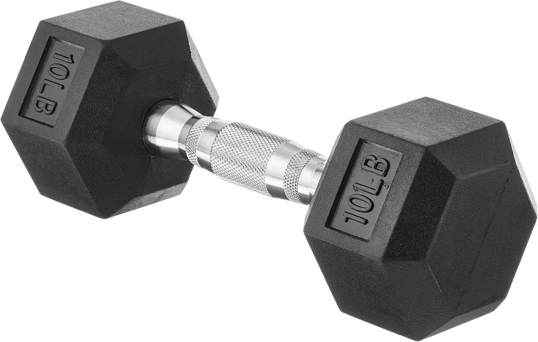 Amazon Basics Rubber Hex Dumbbell with Hexagon Shape and Rubber Coating, Comfortable Handle for Home Workout, 10 Pounds, Single, Black