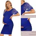 Floral Mesh Bishop Long Sleeve Maternity Midi Dress, Fall Maternity Bodycon Dress for Baby Shower (Short Sleeve Royal Blue, S)