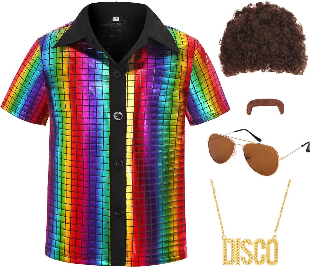 70s Outfits for Boys Disco Costume Kids Halloween Party Dress Up (8-10 Years, Multicolor)