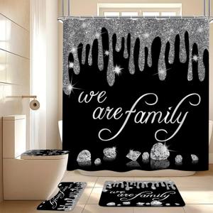 4Pcs Family Glitter Diamond Shower Curtain Sets, Black Famliy Shower Curtain with Toilet Lid Cover and Rugs, Luxury Bling Shiny Shower Curtains for Home Bathroom Set Decor with 12 Hooks, 72 x 72 inch