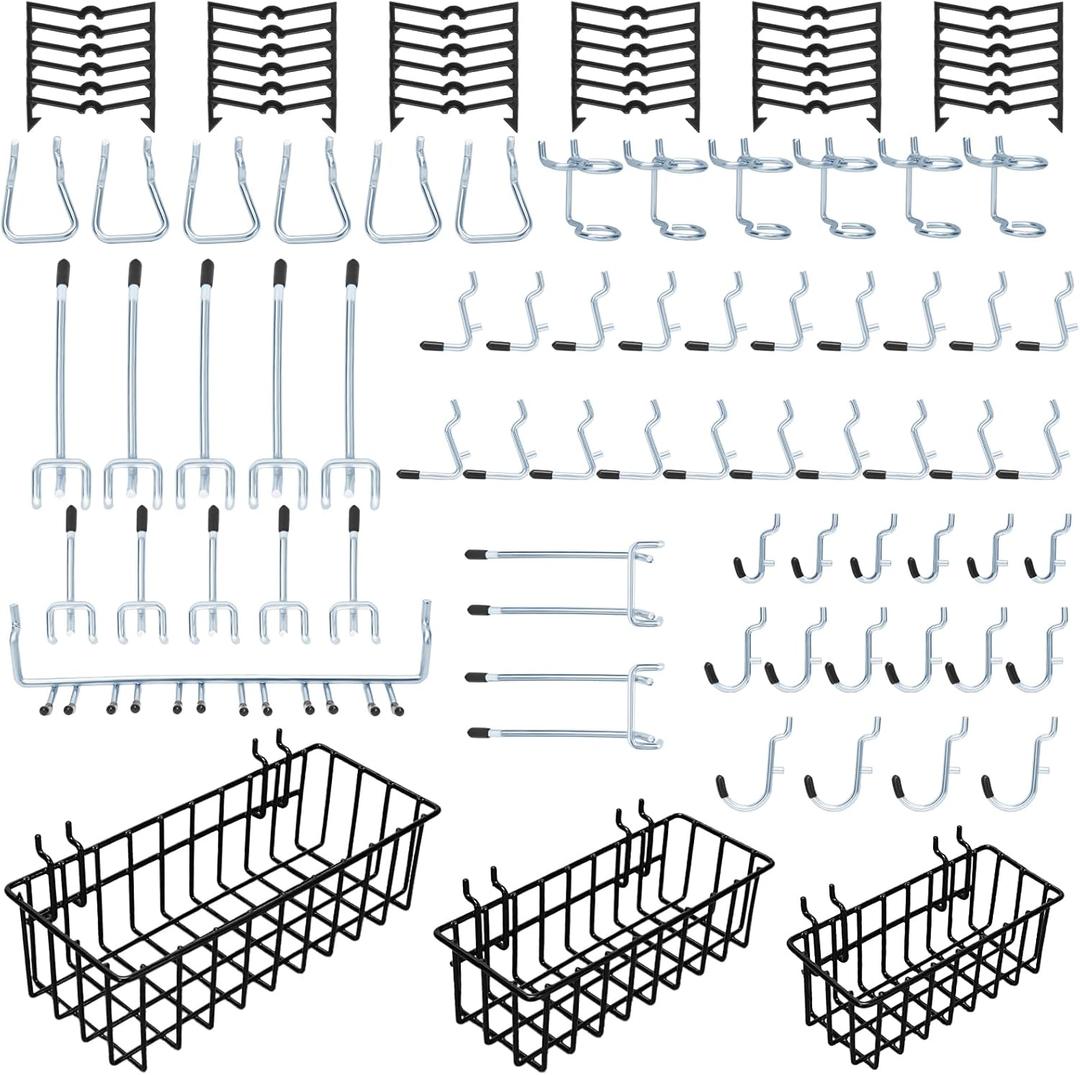 1/4 inch Extra Thick Pegboard Accessories Kit,Only Suitable for 1/4" Pegboard Board,Includes Three Baskets and Multiple Types of Pegboard Hooks,Metal Hooks for Hanging Storage(Black Baskets)