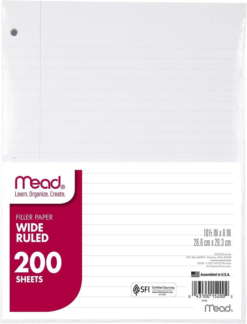Mead Loose Leaf Paper, Wide Ruled Filler Notebook Paper, 8" x 10-1/2", 200 Sheets, Fits 3-Ring Binder (15200)