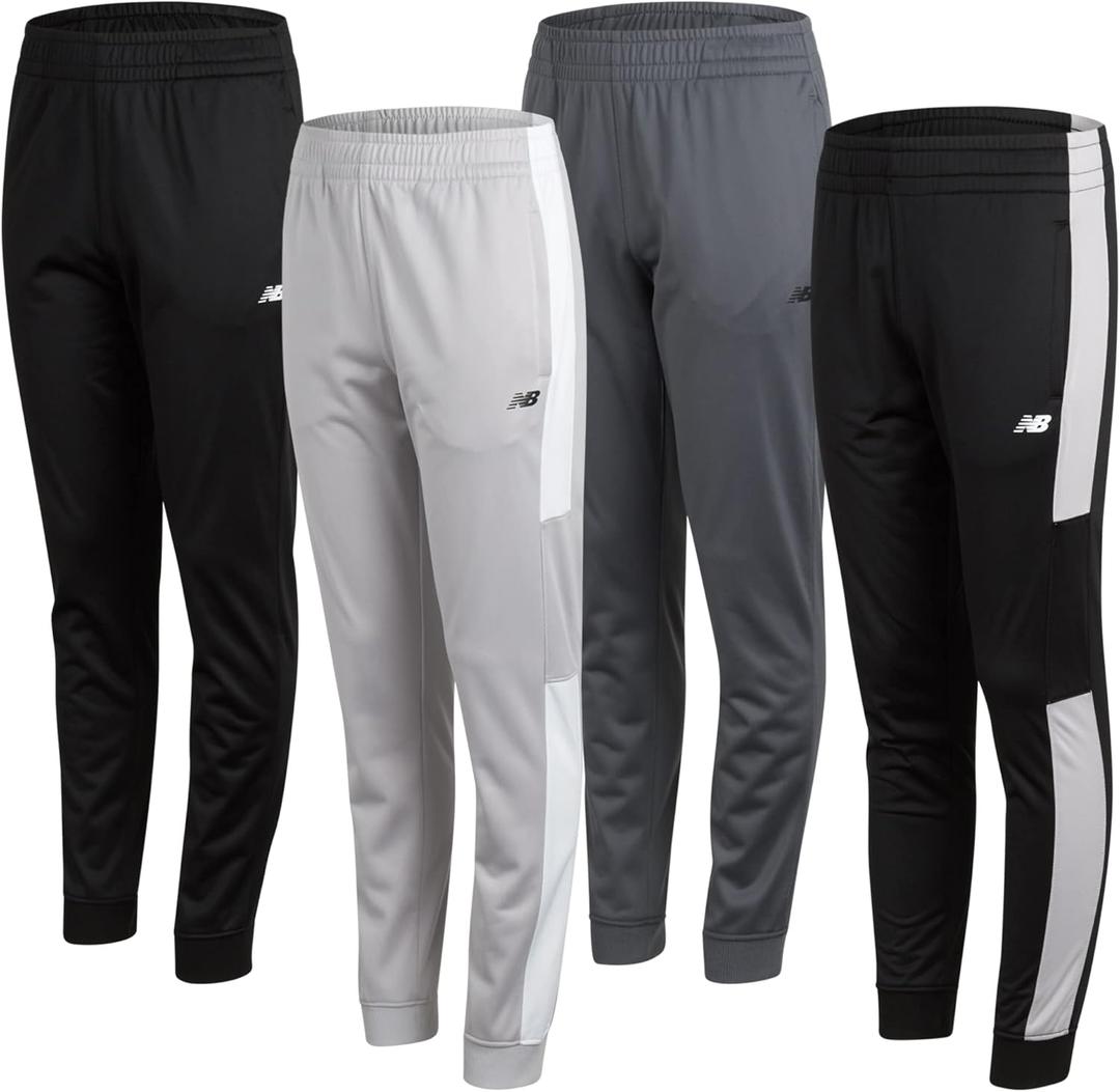New Balance Boys Sweatpants - 4 Pack Active Tricot Boys Joggers Athletic Pants Kids Activewear Pants with Pockets (4-20) (Lead/Raincloud)