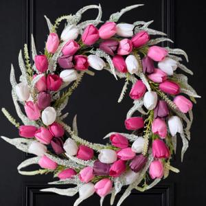20 Inch Tulip Wreath for Front Door, Spring Summer Wreath with Pink White Purple Artificial Flowers, Valentines Day Wreaths for Wedding Gifts Window Wall Festival Decorations