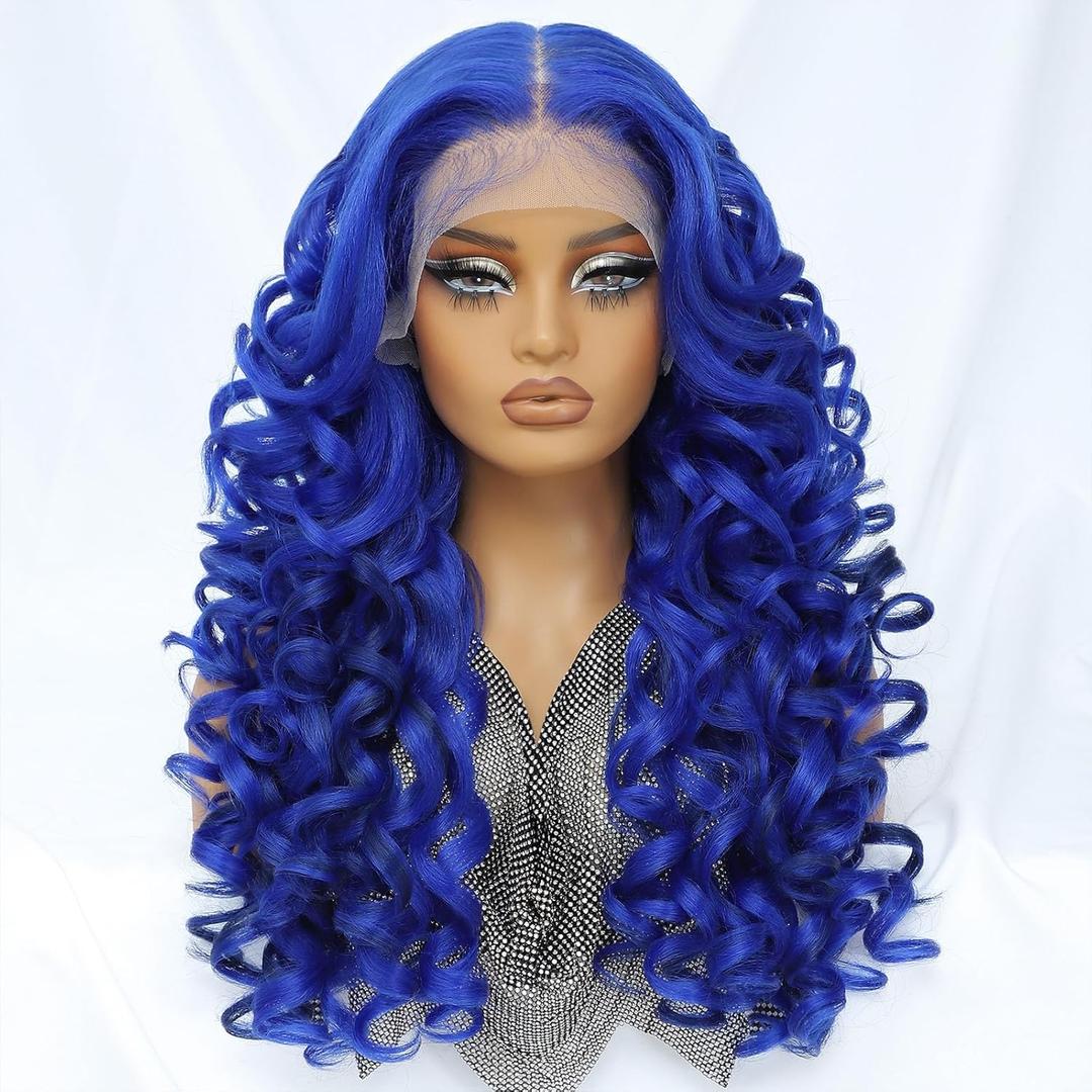 Felek Blue Synthetic Wig 13x6 Lace Front Wigs for Black and White Women Loose Wave HD Transparent Lace Frontal Wigs Pre Plucked Wear and Go Glueless Long Curly Wig 24 inch