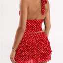 Women's Y2K Polka Dots Backless Halter Tops Sleeveless Ruched Fitted Low Cut Crop Top (S)