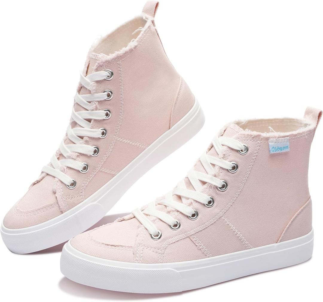 Obtaom Womens/Mens high top Canvas Shoes Play mid Calf Fashion Sneaker Casual lace up hi top Washed Canvas Shoes (8 Women/6.5 Men, Pink)