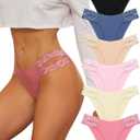 FINETOO Seamless Underwear for Women Cheeky Bikini Panties High Cut V-waist Lace Underwear Women Cute Bikinis 6 Pack (M)