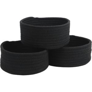 Small Basket, Set of 3 Woven Baskets, Cotton Rope Small Baskets for Organizing, Cute Mini Tiny Storage Basket for Gifts, Decorative Boho Round Bathroom Organization Bin (Black)