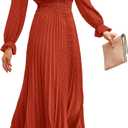 PRETTYGARDEN Women's 2025 Spring Fall Midi Dress Casual Long Sleeve V Neck Swiss Dot Pleated A Line Flowy Dresses (Brick Red), 