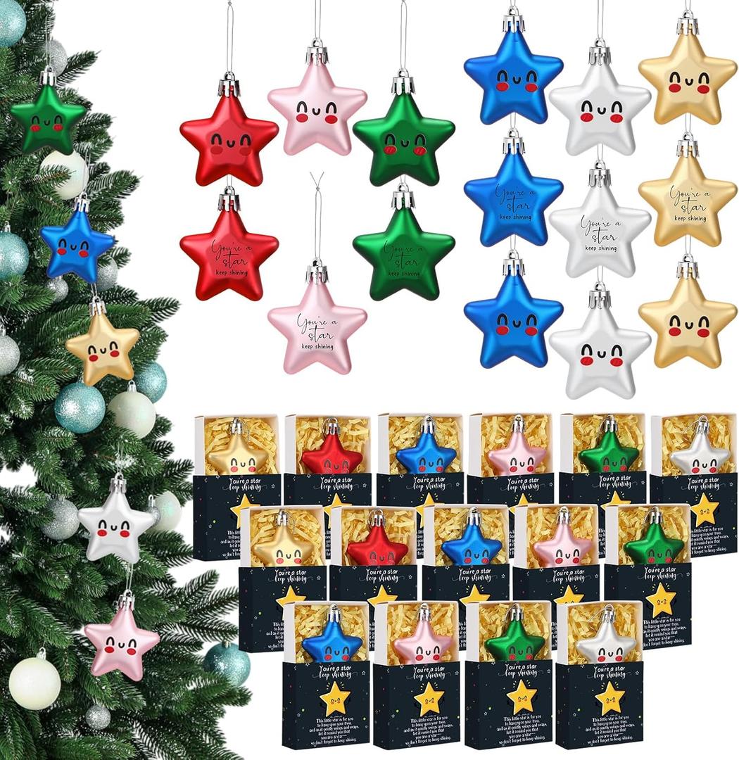 15 Sets Christmas Inspirational Gifts You're a Star Keep Shining Ornament with Support Boxes Plastic Positive Star Hanging Gift for Student Class Teacher Employee Coworker Xmas Tree Decor